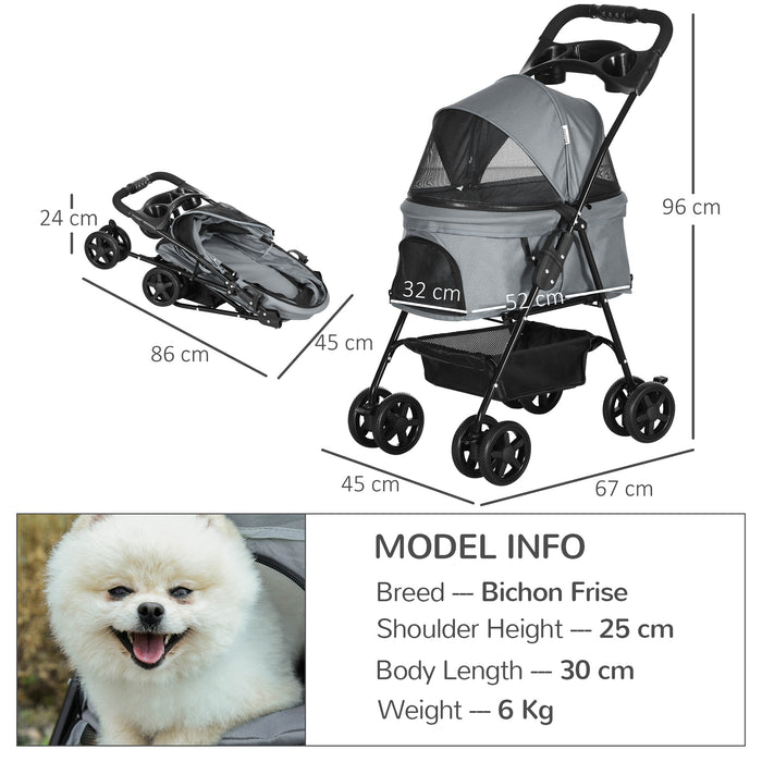 No-Zip Pet Stroller for Dogs and Cats - Travel Pushchair with One-Click Folding, EVA Wheels, Brake, and Basket - Adjustable Canopy and Safety Leash for Secure Outdoor Excursions in Grey