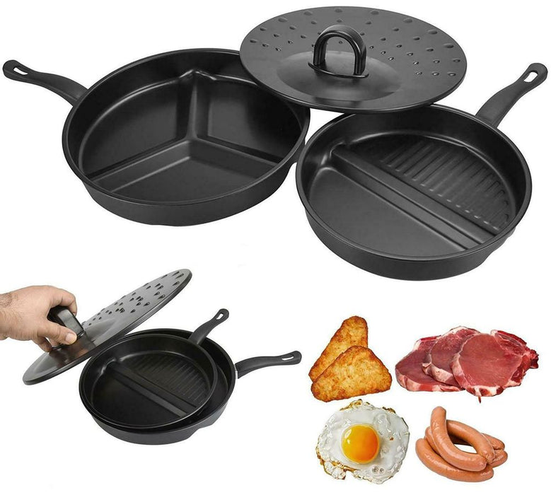 3 in 1 Divider Non-Stick Frying Pan Set for Healthy Breakfast Skillet Divided & Lid