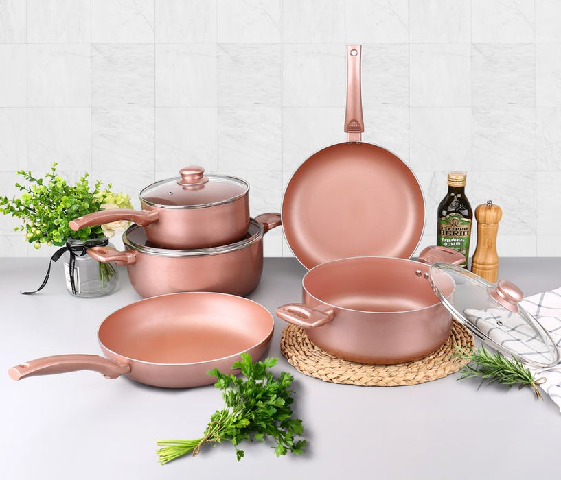 Rose Luxury 8 Piece Rose Gold Non-Stick Cookware Set - Induction Ready & Non-Stick