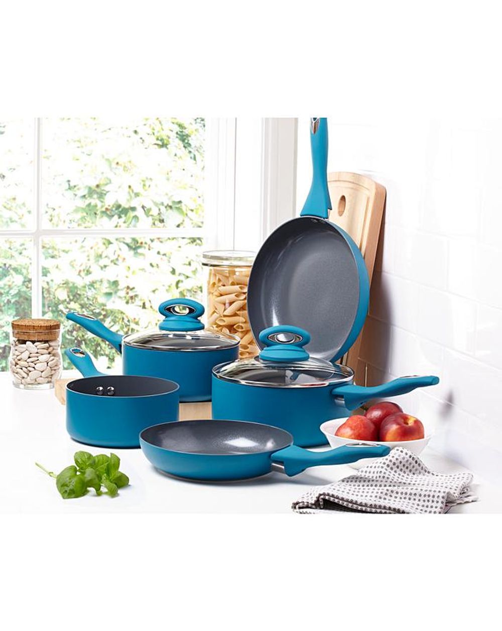 Teal Blue Ceramic NonStick Pans 5 Piece Cookware Set Cermalon Mat