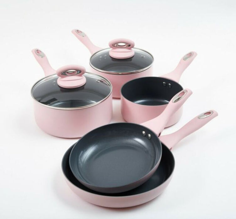 Pink Ceramic Non-Stick Pans - 5 Piece Cookware Set - Cermalon Pink- Suitable for Induction & All Hob Types