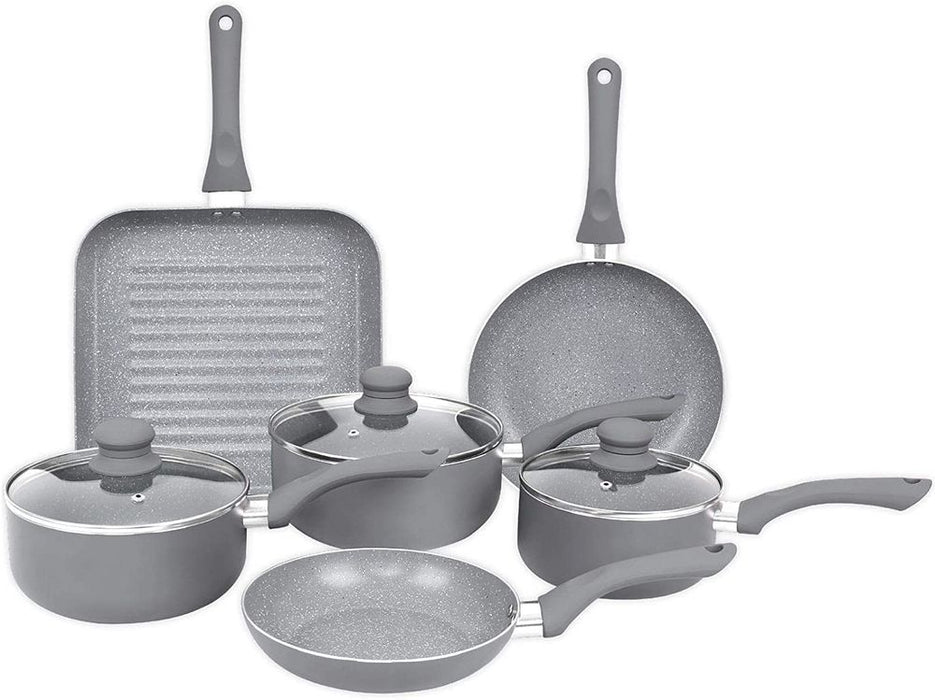 Aluminium 9 Piece Grey Marble Non Stick Pan Set Induction Frying Grill Saucepan Pot