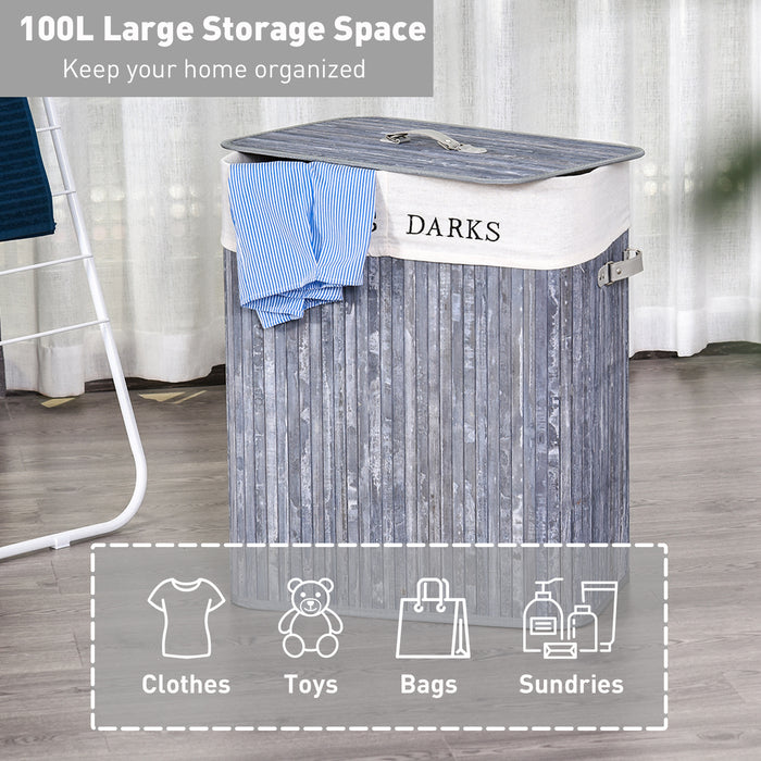 Large 100L Collapsible Wooden Laundry Hamper - Grey Clothes Basket with Lid and Removable Liner, 52x32x63cm - Space-Saving Organizer for Laundry Room