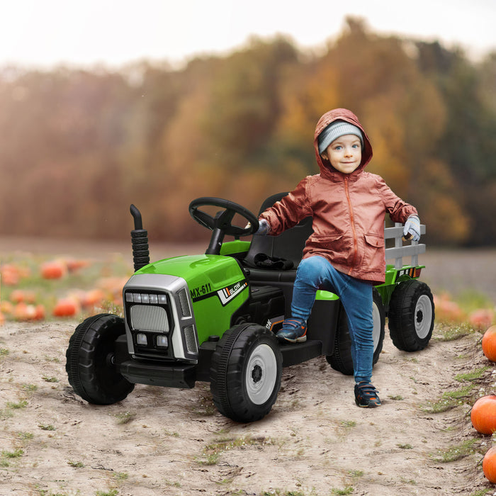12V Electric Ride-On Tractor with Detachable Trailer - Battery-Powered Kids Vehicle with Remote Control & Music - Fun Outdoor Driving Experience for Children Ages 3-6
