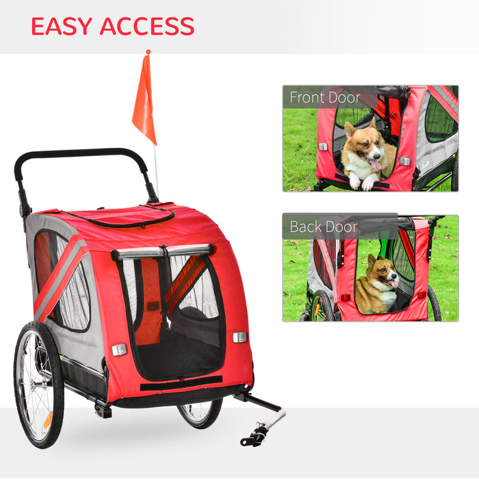 2-in-1 Dog Bike Trailer and Pet Stroller - Reinforced Steel Frame Bicycle Carrier with Universal Wheel, Reflectors & Safety Flag - Red Travel Cart for Small to Medium Pets