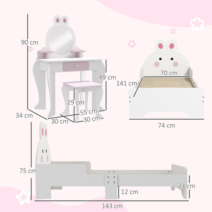 Woodland Adventure Bunny-Themed Children's Bedroom Set - Durable Wooden Furniture with Dressing Table, Stool & Bed - Perfect for Kids Aged 3 to 6 Years