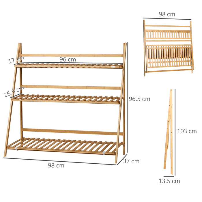 3-Tier Bamboo Plant Stand - Folding Shelf Rack for Home & Garden Display, 98x37x96.5cm - Ideal for Organizing Potted Plants, Natural Finish