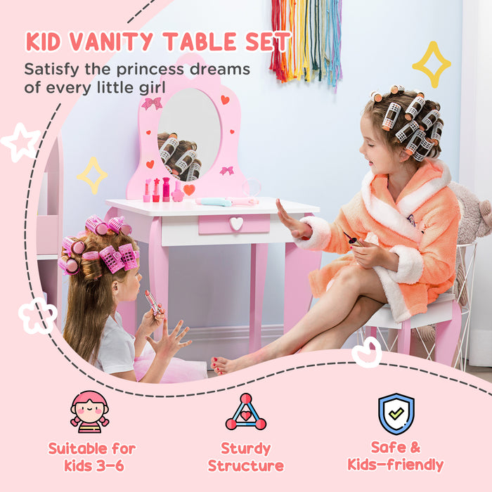Kids Vanity Table and Stool Set - Pink Makeup Desk with Mirror, Drawer, and Cute Patterns - Ideal for Girls Aged 3-6 Years Old