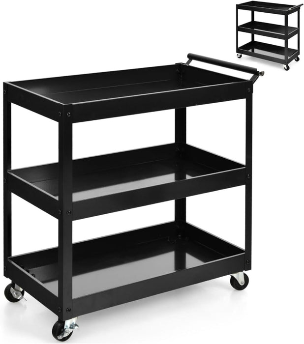 3 Shelf Rolling Metal Utility Cart - Ergonomic Handle, Sturdy and Portable - Ideal for Home, Office, or Workshop Storage Solutions