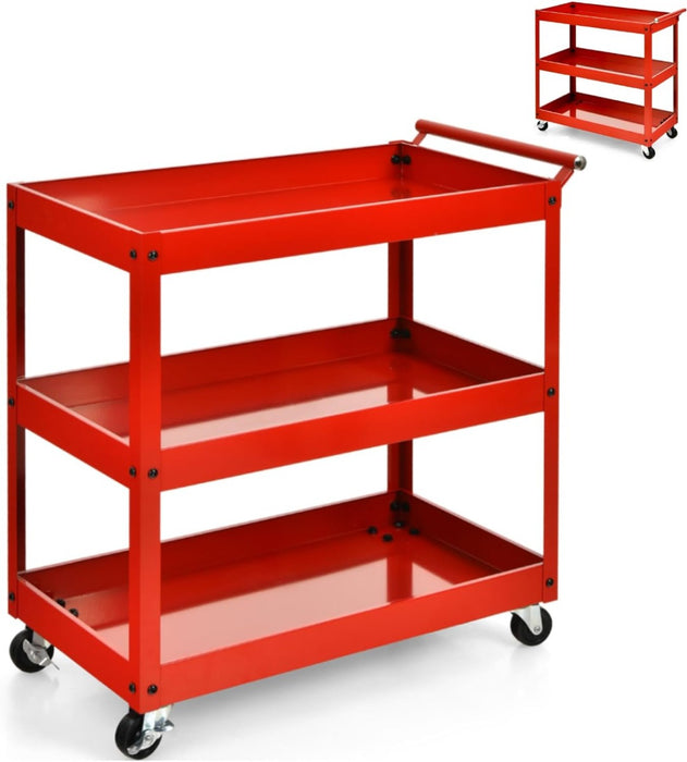 3 Shelf Rolling Metal Utility Cart - Ergonomic Handle, Sturdy and Portable - Ideal for Home, Office, or Workshop Storage Solutions