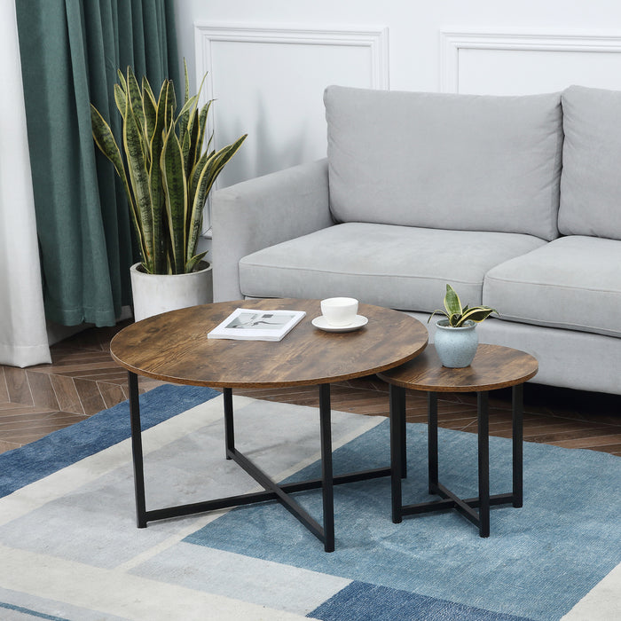 Nesting Round Coffee & Side Table Set of 2 - Rustic Brown with Industrial Metal Frame - Modern Living Room & Bedroom Furniture