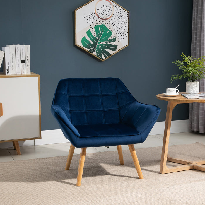 Wide-Armed Accent Armchair with Slanted Back - Padded Lounge Seat on Iron Frame with Wooden Legs - Comfy Bedroom or Living Room Seating in Blue