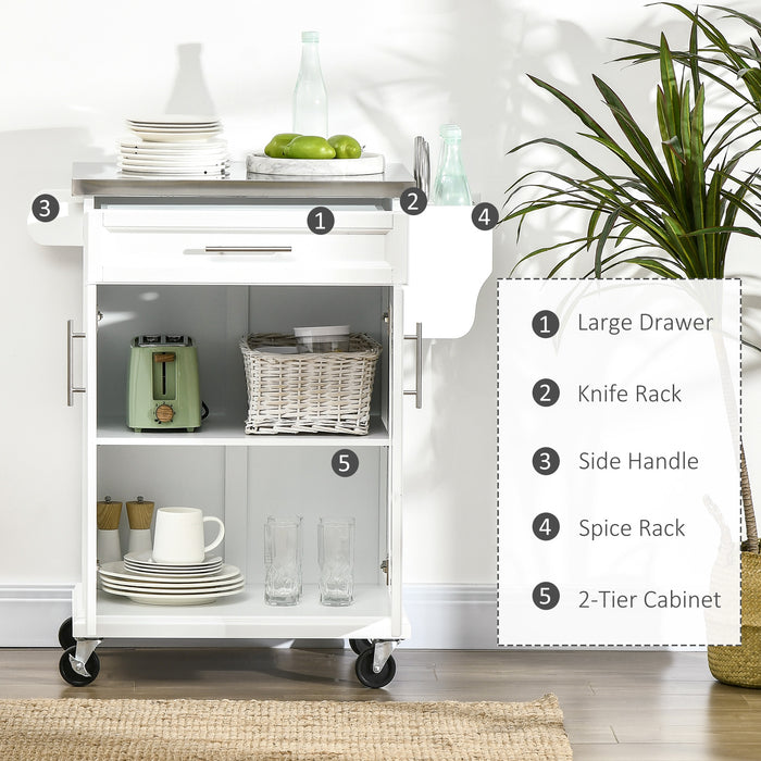 White Wooden Kitchen Island Cart - Freestanding Storage Trolley with Stainless Steel Top, Drawer & Rack on Wheels - Mobile Serving Station for Home Chefs & Entertaining