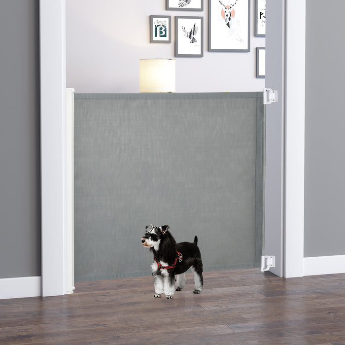 Retractable Safety Gate - Folding Pet Barrier for Dogs, Doorway & Stair Guard, Room Divider - Ideal for Home Protection, Grey, 115L x 82.5H cm