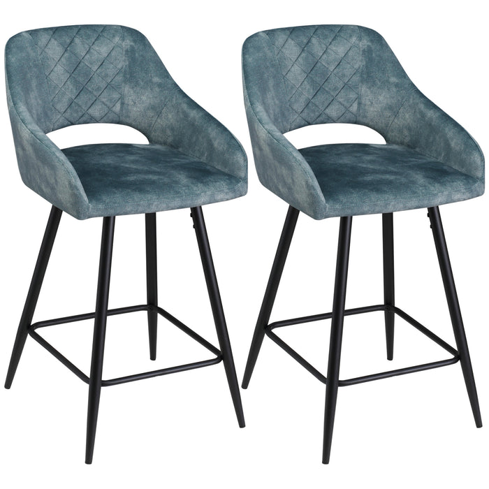 Velvet-Touch Fabric Counter Height Bar Chairs, Set of 2 - Sturdy Steel-Legged Kitchen Stools in Blue - Ideal for Dining and Entertainment Areas