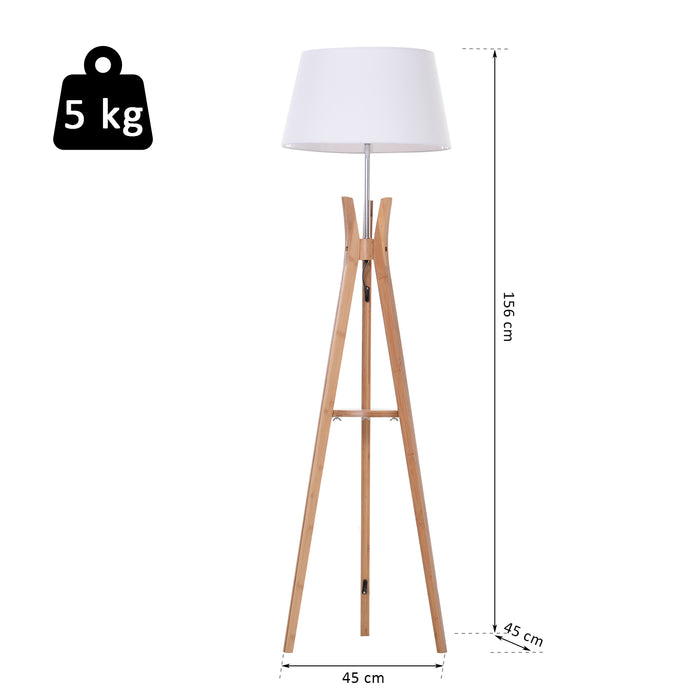 Tripod Floor Lamp with E27 Base and Fabric Shade - Elegant 156cm Natural Wooden Lamp with Storage Shelf and Foot Switch - Perfect for Bedroom and Living Room Lighting