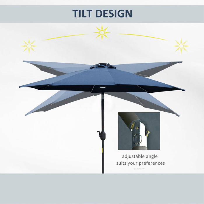 Outdoor Solar LED Parasol - 2.7m Angled Canopy Sun Umbrella with Vent and Crank Tilt Function, Blue - Ideal Summer Patio Shelter