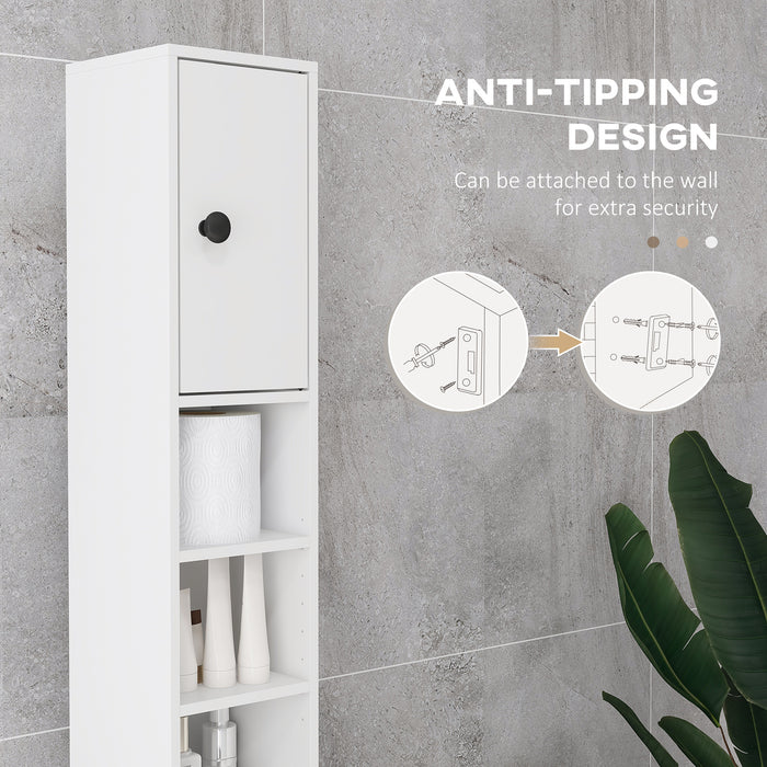 180cm High Narrow Bathroom Cabinet - Slim Toilet Roll Organizer with Open Shelving & Dual-Door Compartments - Adjustable Storage Solution for Bathrooms & Kitchens, Elegant White Design