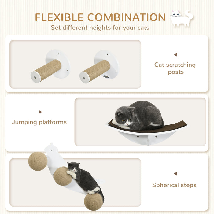 Cat-Shaped Wall Mounted Shelf Set - 4-Piece Cat Furniture with Scratching Posts and Hanging Balls - Ideal for Playful Felines and Space-Saving Pet Decor