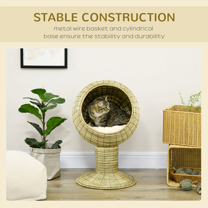 Natural Mat Grass Cat House with Cushion - Round Detachable Top Kitten Cave, Elevated Stand Design, Yellow - Ideal Cozy Retreat for Cats & Small Pets, Φ41 x 71.5 cm