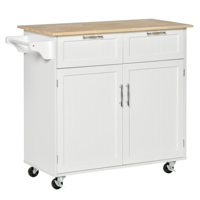 Modern Rolling Kitchen Cart - Rubberwood Top with 2 Drawers, Storage Utility Trolley in White - Ideal for Home Chefs & Extra Counter Space