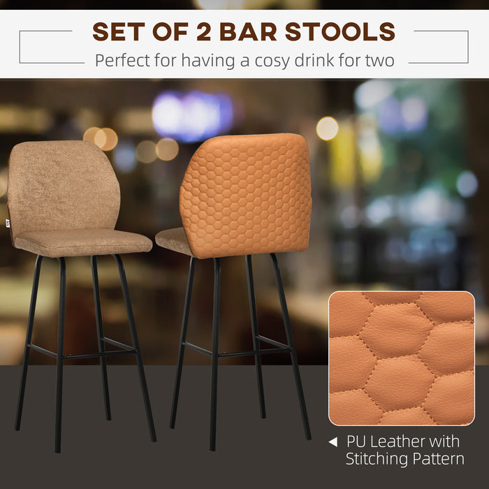 Linen-Touch Upholstered Bar Chairs Set of 2 - Kitchen Bar Stools with Backs and Sturdy Steel Legs in Light Brown - Ideal for Home Bar and Kitchen Island Seating