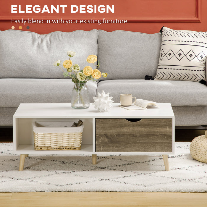 Modern White Coffee Table with Storage -  Open Shelves, Dual Drawers, Solid Wood Legs - Elegant Centerpiece for Living Room or Bedroom