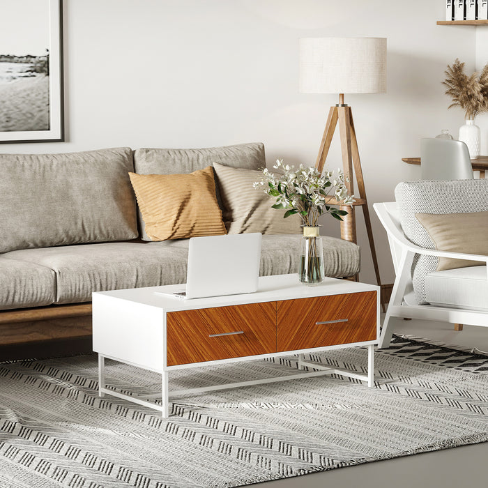 Rectangular Modern Coffee Table with Storage - Dual Drawers & Open Compartment Design, Sturdy Metal Legs - Elegant Living Room Centerpiece Furniture