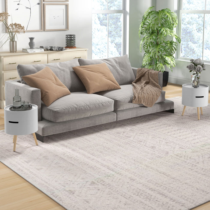 3-Tier Round Coffee & End Table Set with Storage - Dual Hidden Compartments, Detachable Tray Top - Ideal for Living Room Organization, Pair in White