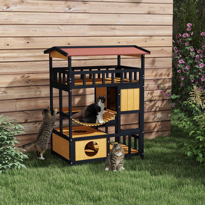 Four-Tier Wooden Outdoor Cat Shelter - Sturdy Feral Cat House with Suspension Bridge, Balcony, and Escape Doors - Perfect Haven for Outdoor or Stray Cats