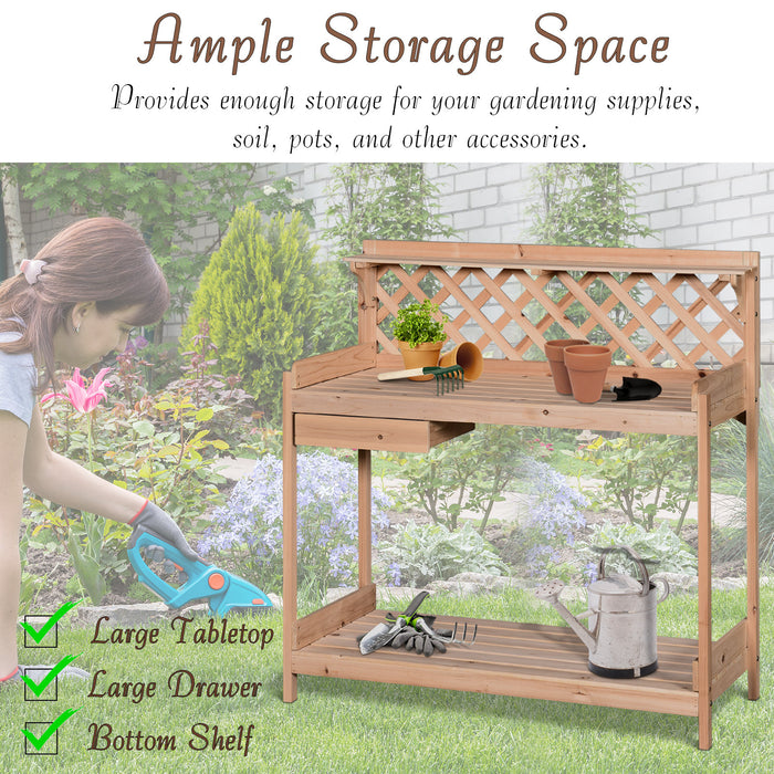 Wooden Garden Potting Table with Drawer - Flower Planting Workstation with Tool Storage and Shelves - Perfect for Gardeners and Outdoor Plant Care