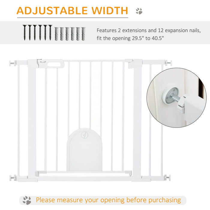 Easy-Install Pet Separation Gate - Dog Gate with Built-in Cat Door, Pressure Mounted, Automatic Closing & Double Locking System - Ideal for Doorways & Stairs, Fits 75-103 cm Openings, White