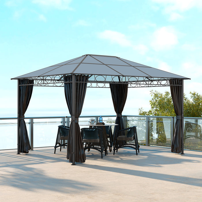 Hardtop Gazebo Garden Pavilion - UV Resistant Polycarbonate Roof, Steel & Aluminium Frame, Curtains, 3x4m in Grey - Ideal Outdoor Shelter for Entertainment and Relaxation