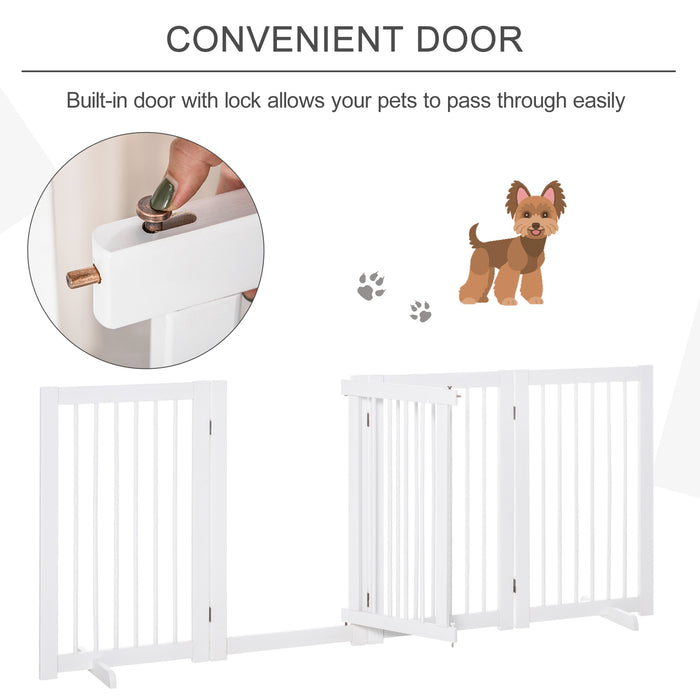 Freestanding 4-Panel Wooden Pet Gate - 91cm Foldable Dog Barrier with Walk-Through Door & Stabilizing Feet - Ideal for Doorway & Stairs Safety, White