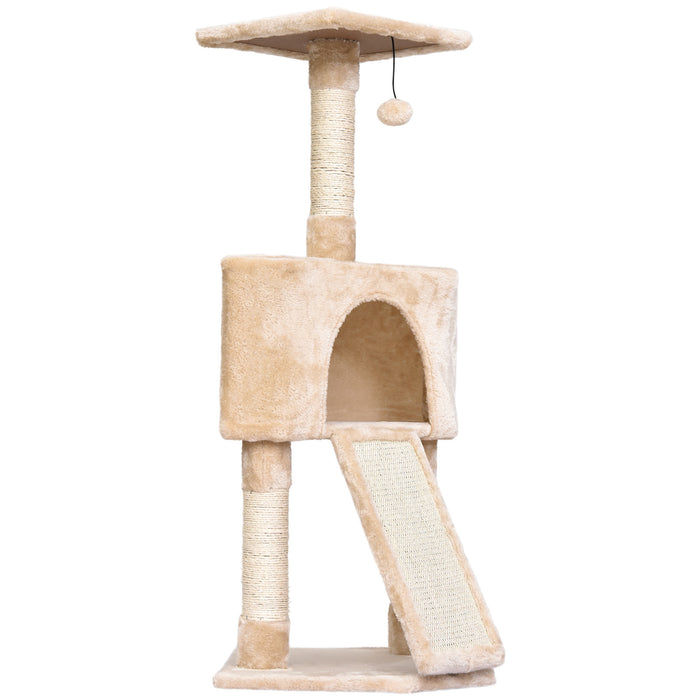 3-Tier Sisal Rope Cat Scratching Post with Dangling Toy - Beige Multi-Level Cat Scratcher - Ideal for Play and Claw Health Maintenance