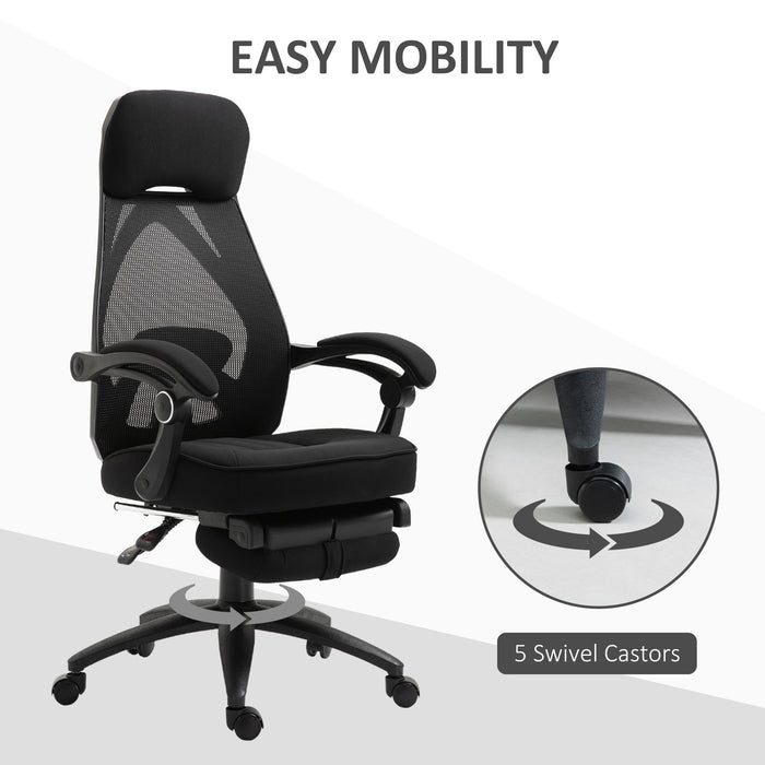 Ergonomic Mesh Office Chair with Extendable Footrest - High-Back Recliner with Adjustable Height and Headrest, in Black - Ideal for Home Office and Lunch Break Relaxation