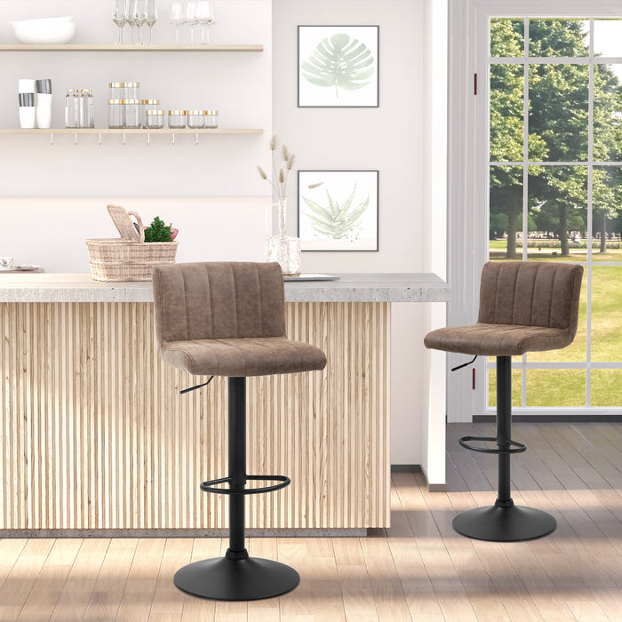 Adjustable Height Swivel Gas Lift Barstools - Set of 2, PU Leather, Footrest, Brown - Ideal for Home Bar or Kitchen Counter Seating