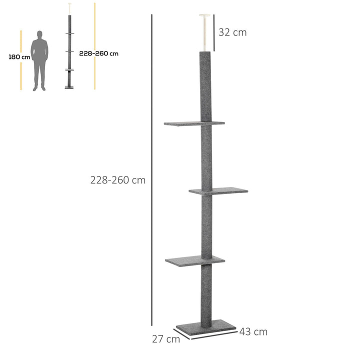 Floor-to-Ceiling 260cm Cat Tree with 3 Perches - Sturdy Kitten Activity Scratching Center, Grey Cat Tower Furniture - Ideal for Playful Felines & Claw Health Management