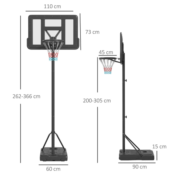 Adjustable Basketball Hoop Stand with Net - Portable, Height-Adjustable 200-305cm, with Wheels, Black - Ideal for Outdoor & Indoor Play for All Ages