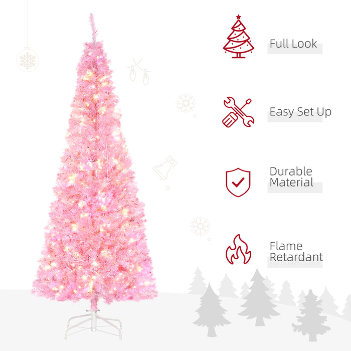 Pencil Slim 6-Ft Artificial Christmas Tree with Realistic Tips - Pre-Lit with 300 Warm White LEDs, 618 Branch Tips - Chic Pink Xmas Decor for Small Spaces