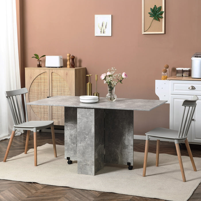 Drop Leaf Folding Dining Table with 2-Tier Storage Shelves - Compact Kitchen Table on Wheels, Cement Grey - Ideal for Small Spaces & Versatile Use