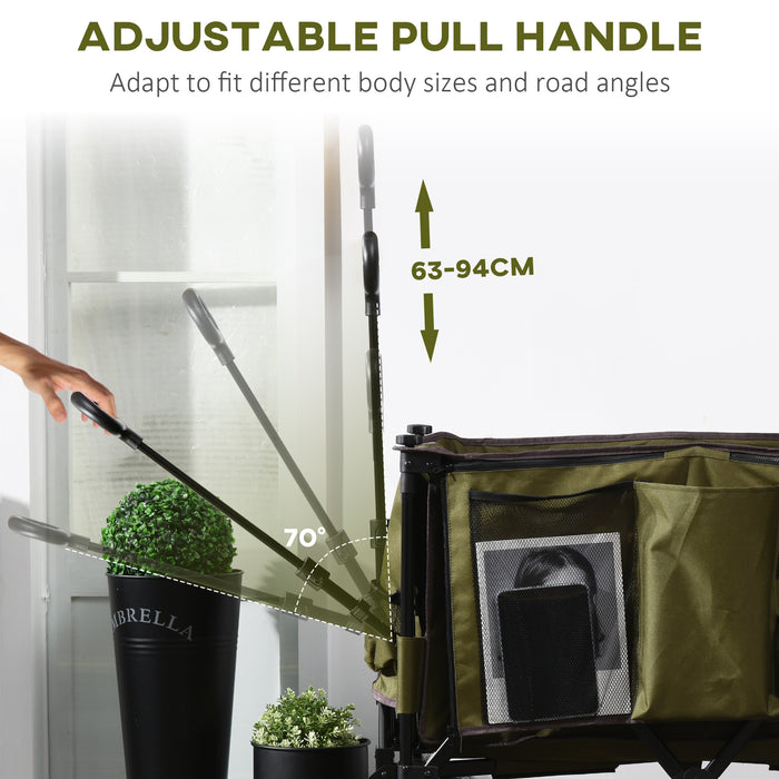 Folding Outdoor Utility Wagon with Wheels - Collapsible Garden & Camping Cart, Durable Steel Frame with Oxford Fabric - Ideal for Yard Work and Outdoor Adventures, Green