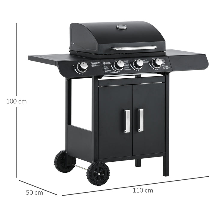 3+1 Burner Gas BBQ Grill with Side Burner - Outdoor Barbecue Trolley, Warming Rack, Storage Cabinet - Ideal for Garden Cooking and Entertainment