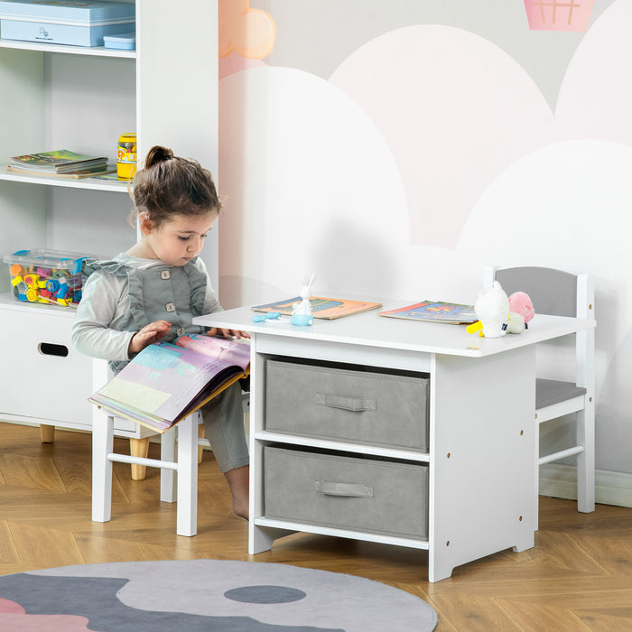 Kids 3-Piece Mini Furniture Set - Table & Chairs with Storage Drawers for Playroom and Bedroom - Safe Design for Toddlers 2-4 Years, White