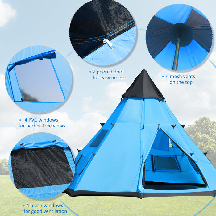 6-Person Tipi-Style Camping Tent - Family Teepee with Ventilated Mesh Windows and Zippered Door - Easy Assembly for Hiking, Picnics, and Overnight Adventures, Includes Carry Bag, Blue