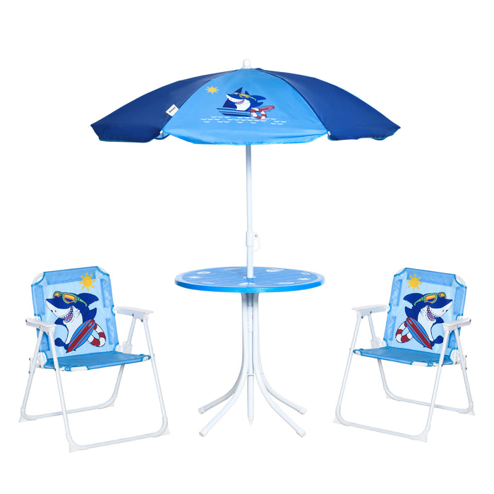 Kids' Picnic & Table Chair Set with Shark Theme - Outdoor Folding Garden Furniture with Removable Adjustable Sun Umbrella - Ideal for Children Ages 3-6, Blue
