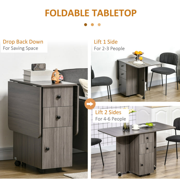 Rolling Drop Leaf Dining Table for 4-6 - Extendable Design with Storage Drawers, Cabinet & Open Shelf - Space-Saving Kitchen Table on Wheels for Small Spaces