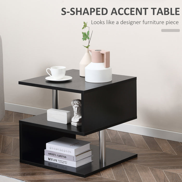 2-Tier S-Shaped Coffee End Table - Versatile Storage Shelves Organizer for Home Office - Ideal for Compact Spaces, Black Finish