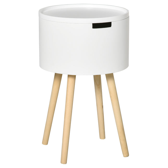 Round Modern Side Table with Removable Tray and Hidden Storage - Elegant Wood Frame Nightstand in White - Functional End Coffee Table for Living Spaces