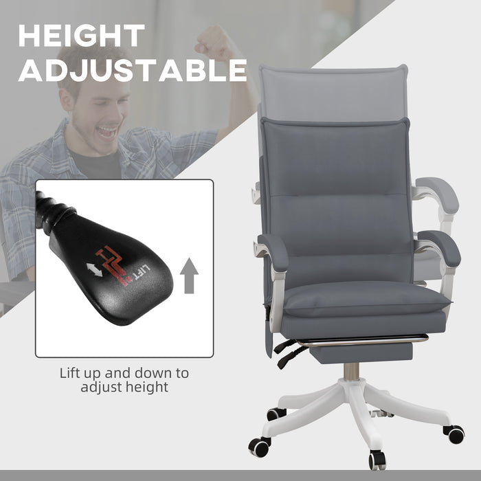 Ergonomic Reclining Office Chair with Vibration Massage and Heat - Faux Leather Desk Chair with Footrest, Armrest, and Plush Double-Tiered Padding, Grey - Comfort for Long Hours at Work